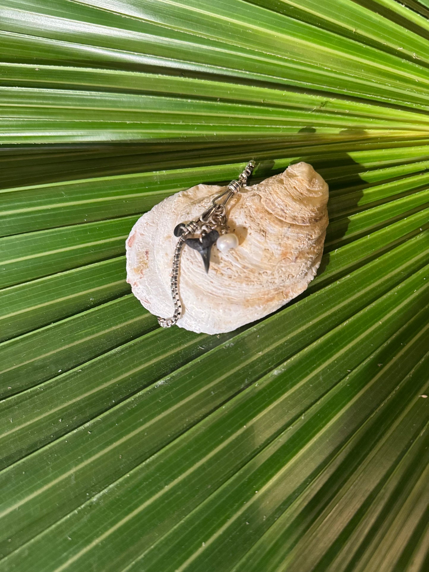 Great White Shark Tooth and Pearl Pendant Bracelet