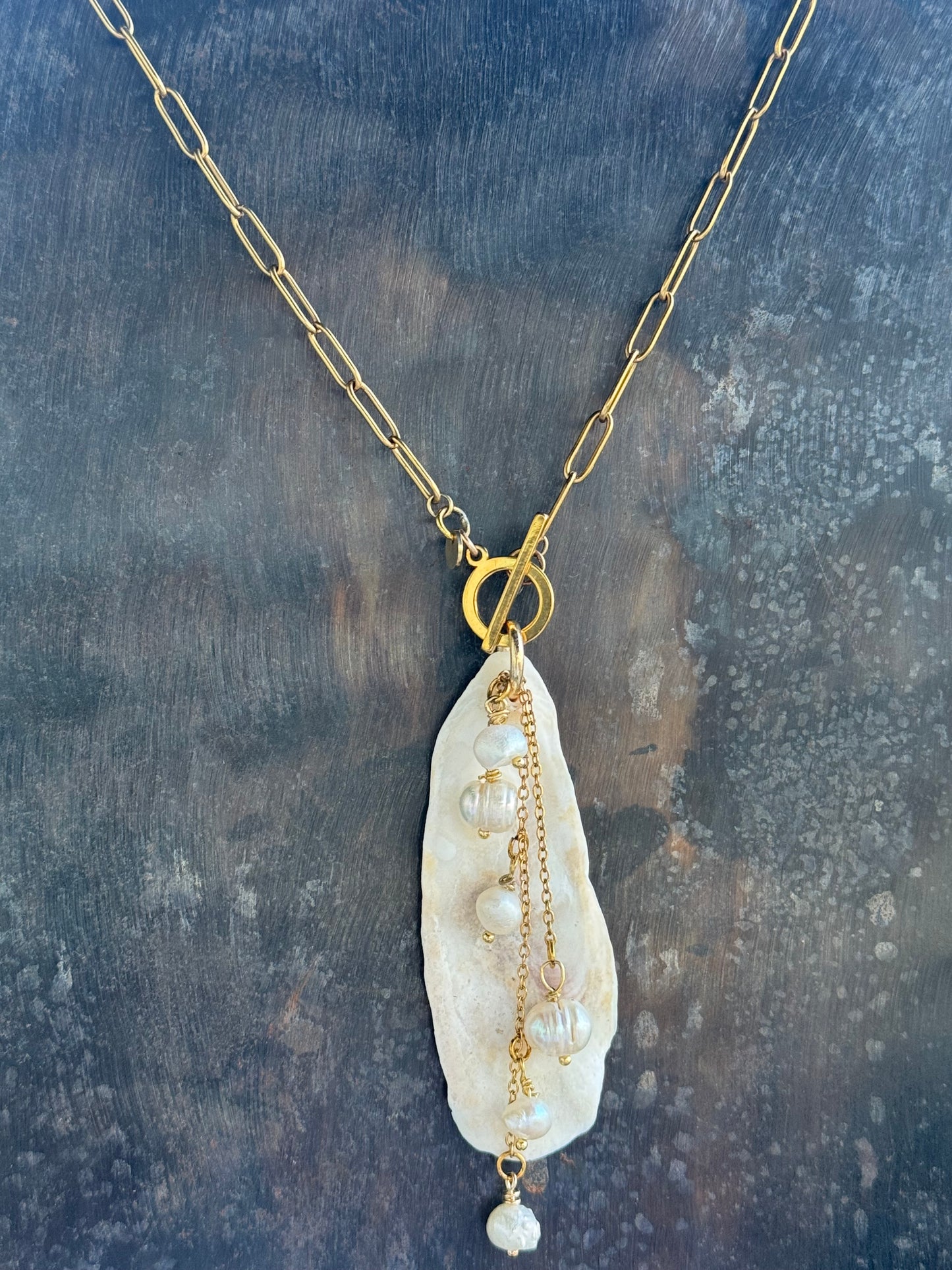 The Palmetto Necklace-2:36 Gold Chain, Oyster Shells & Pearls