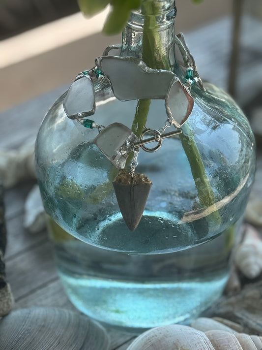 Frosted Sea Glass Necklace - Shark Tooth & White Glass with Toggle Clasp