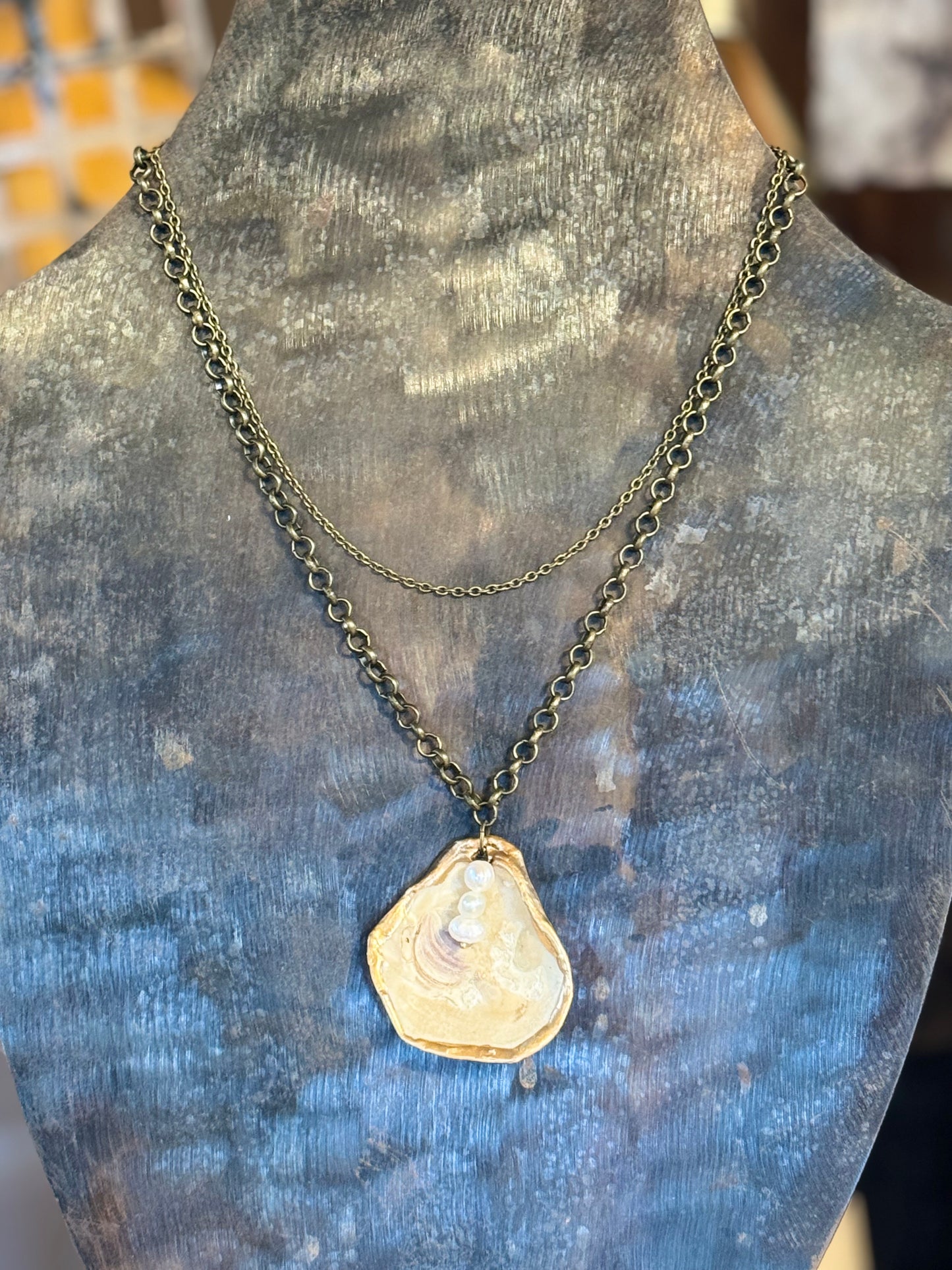 The Charleston Necklace- 2:41 Double Bronze Chain, Oyster Shell and 3 Pearls