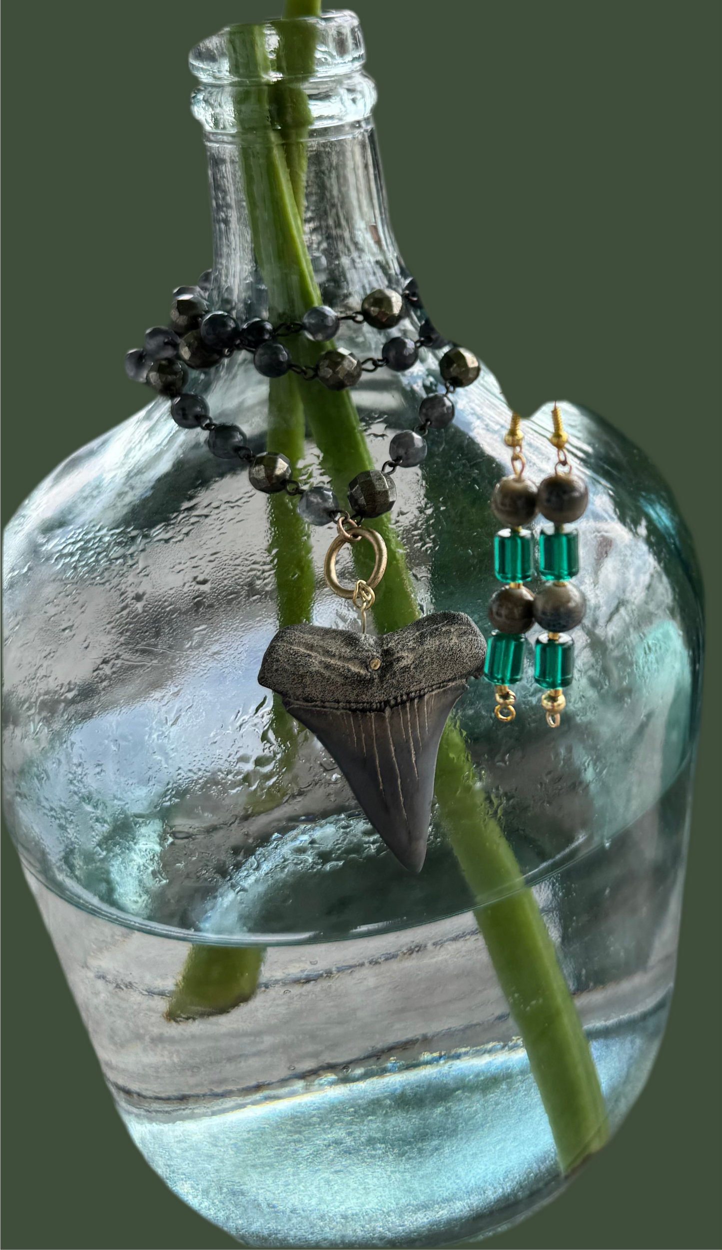 Long Shark Tooth Necklace - Bronze & Obsidian Beads with Boho Style