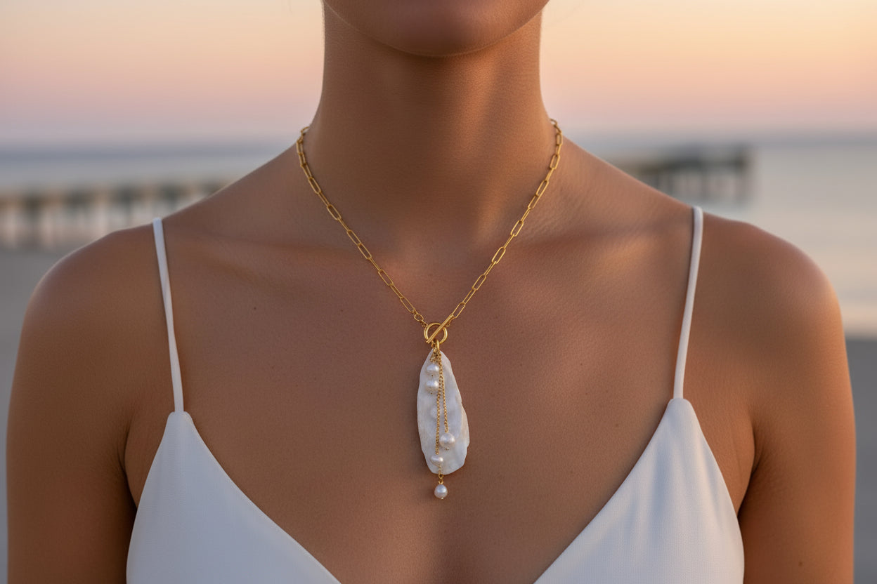 The Palmetto Necklace-2:36 Gold Chain, Oyster Shells & Pearls