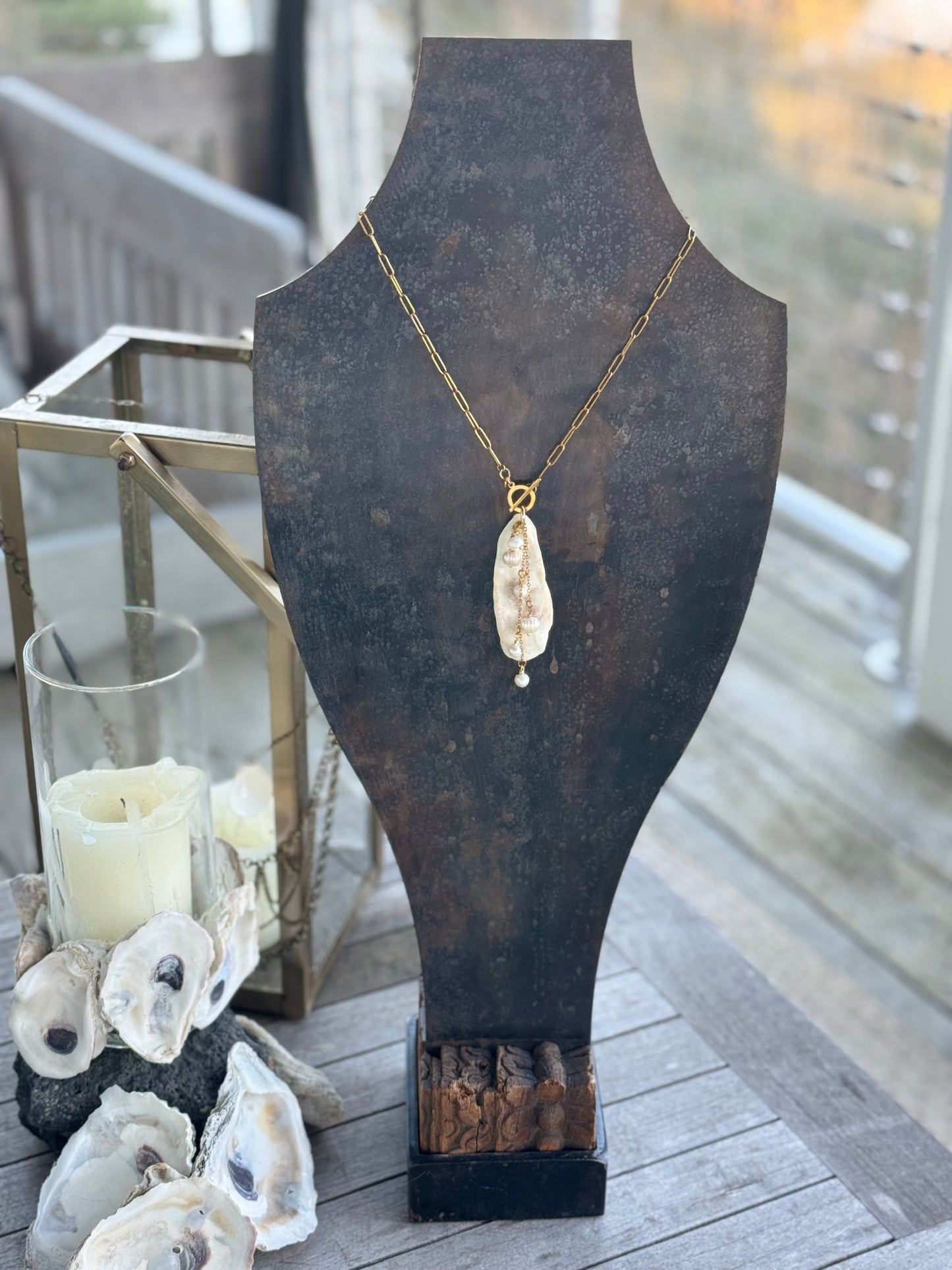 The Palmetto Necklace-2:36 Gold Chain, Oyster Shells & Pearls