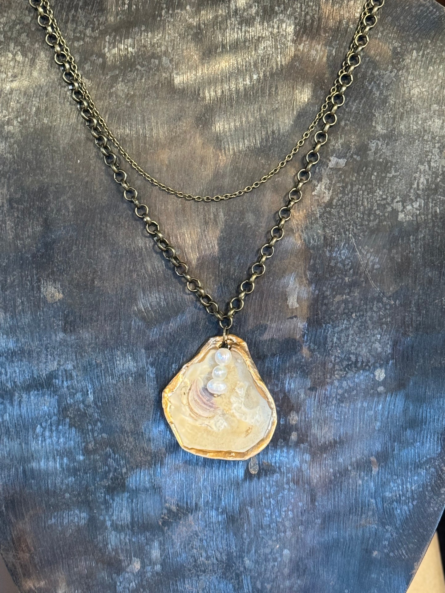 The Charleston Necklace- 2:41 Double Bronze Chain, Oyster Shell and 3 Pearls
