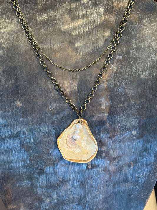 The Charleston Necklace- 2:41 Double Bronze Chain, Oyster Shell and 3 Pearls