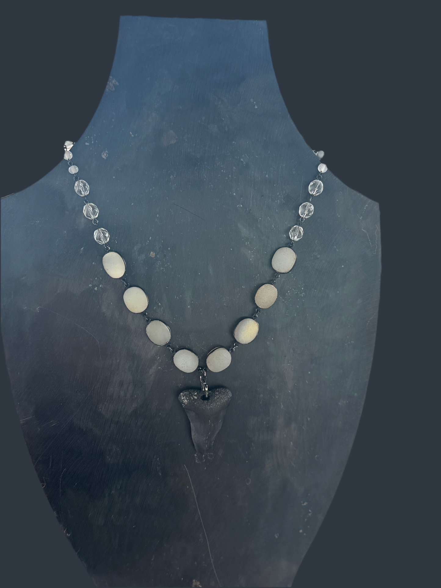 White Glass Necklace - Shark Tooth Fossil with Frosted & Clear Beads