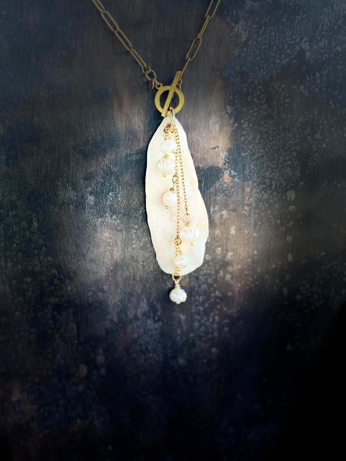 The Palmetto Necklace-2:36 Gold Chain, Oyster Shells & Pearls