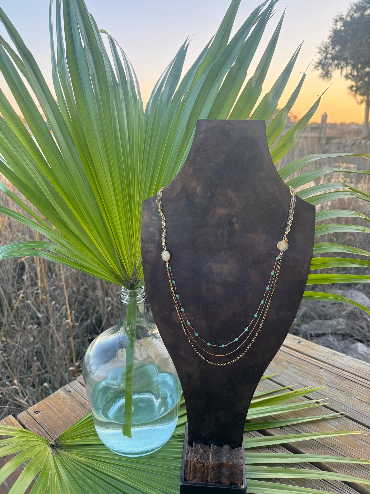 Aqua and Gold 1/2 3 layer Necklace