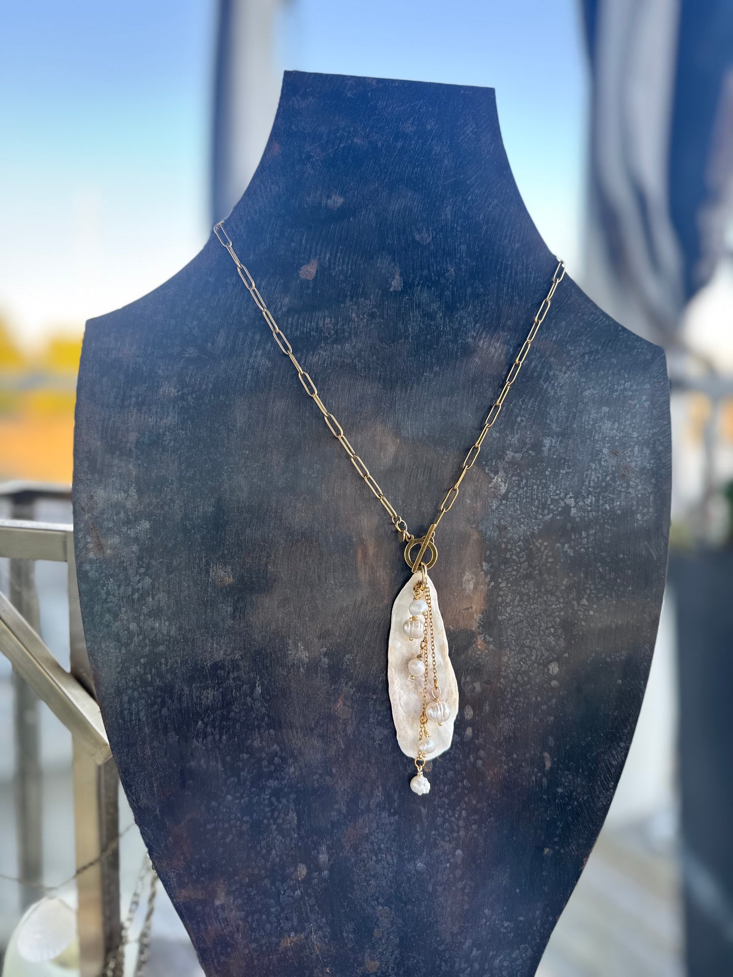 The Palmetto Necklace-2:36 Gold Chain, Oyster Shells & Pearls