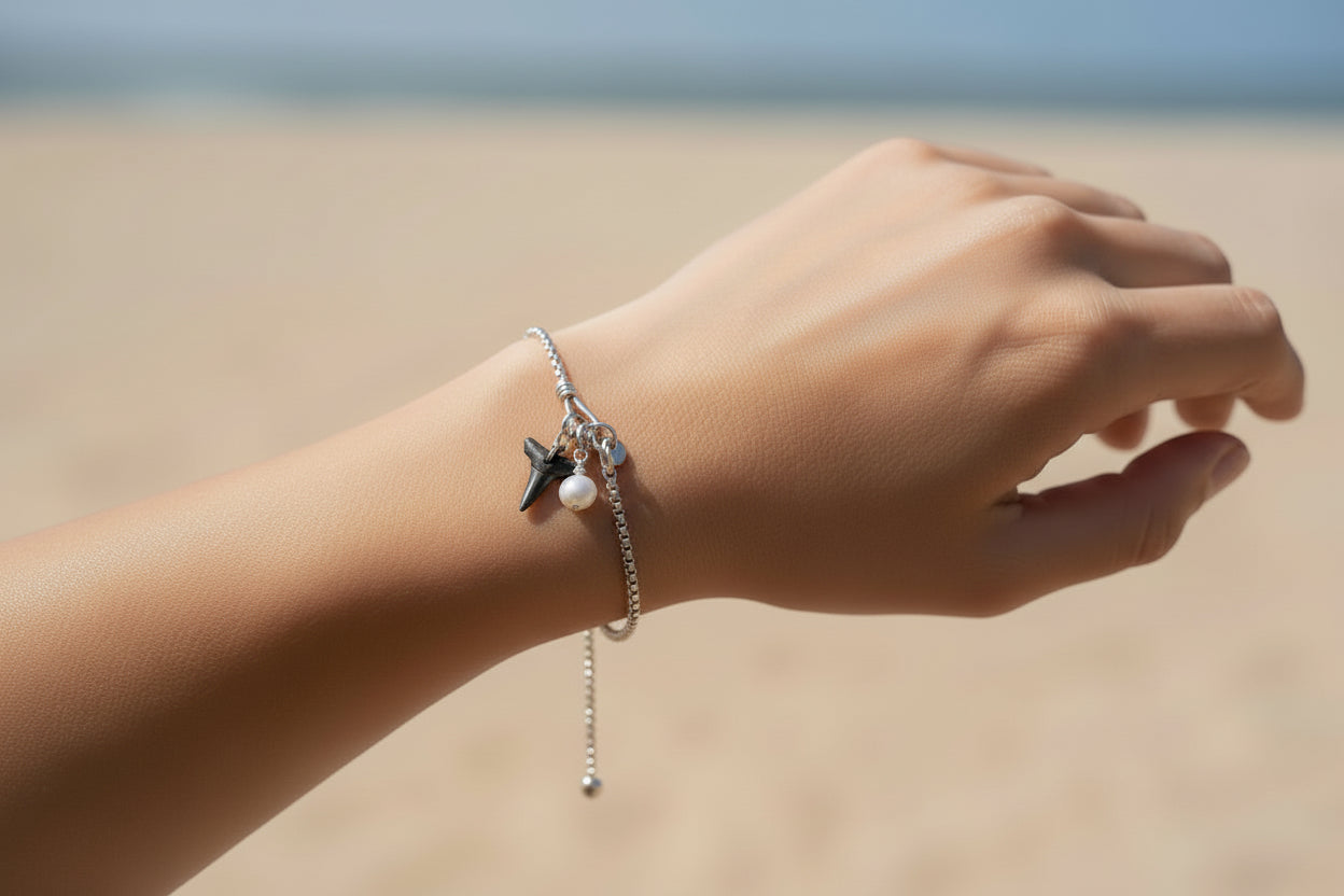Great White Shark Tooth and Pearl Pendant Bracelet