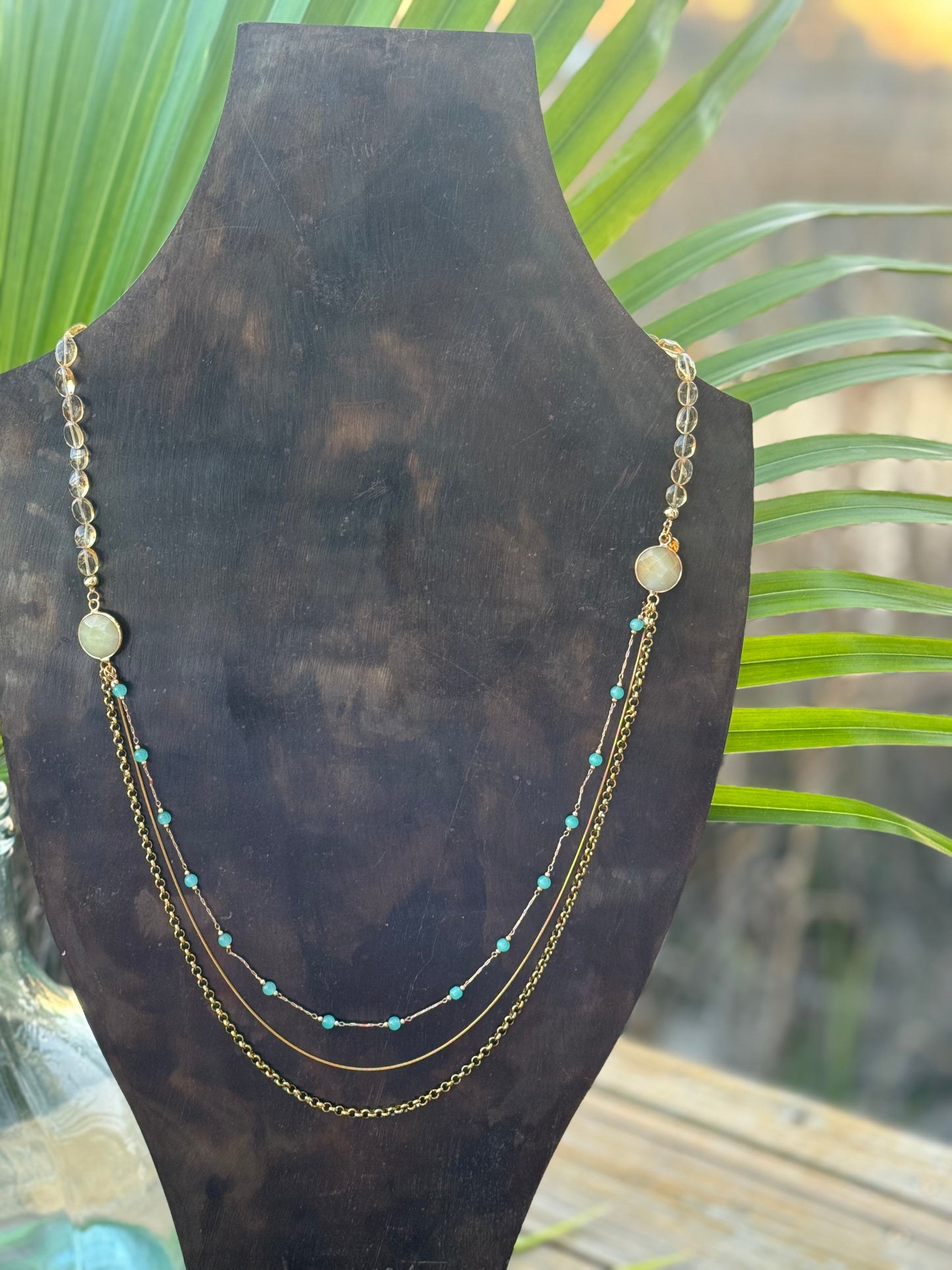 Aqua and Gold 1/2 3 layer Necklace
