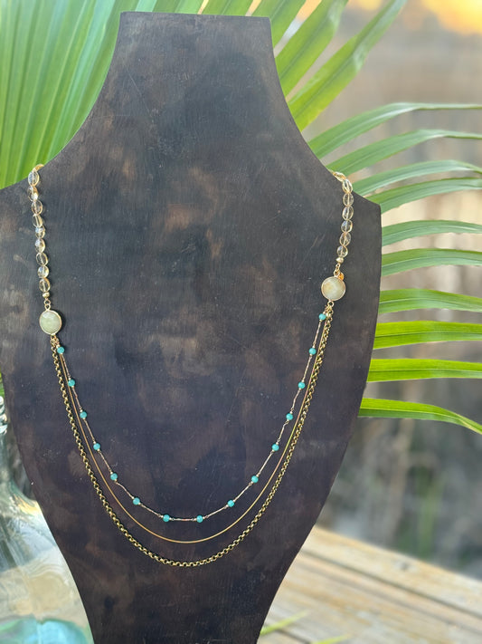 Aqua and Gold 1/2 3 layer Necklace