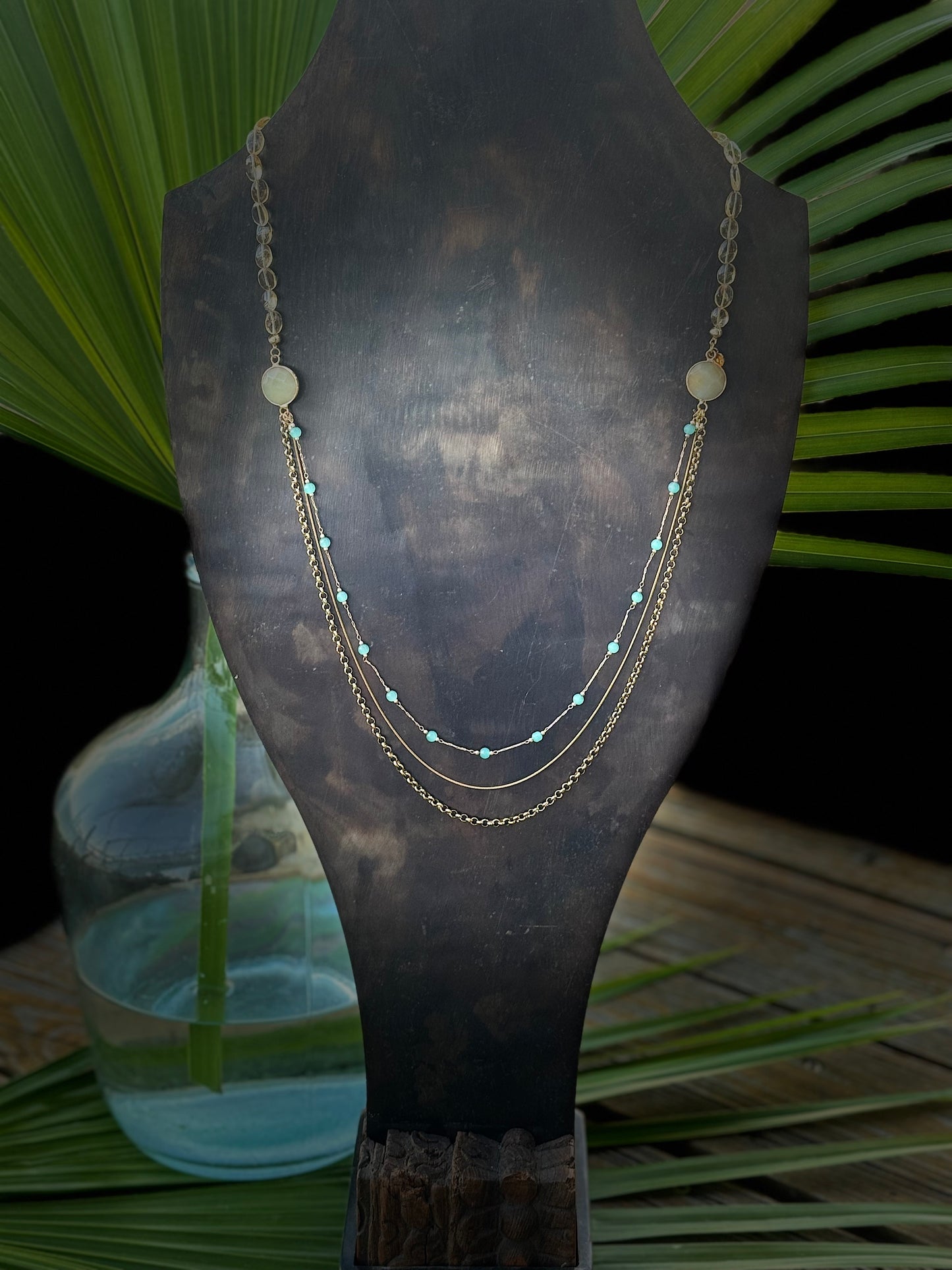Aqua and Gold 1/2 3 layer Necklace